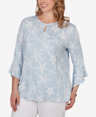 Plus Size Starfish Puff Print Flutter-Sleeve Top