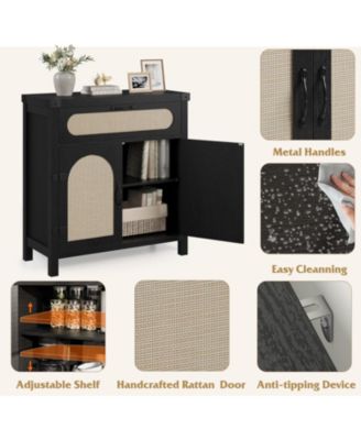 Rattan Sideboard Buffet Cabinet with Drawer, Farmhouse Boho Coffee Bar Storage Console