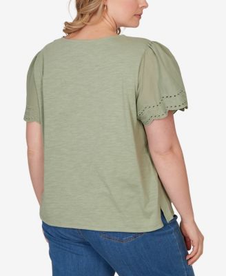 Plus Size Eyelet Poplin-Sleeve Slub Knit Top