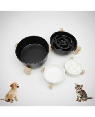 Ceramic Slow Feeder Dog Bowl Set with Wooden Stand Anti-Gulping Anti-Slip Dishwasher Safe