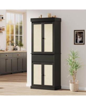 70" Rattan Pantry Cabinet, Pantry Storage Cabinet with 4 Doors, Freestanding Cupboard with 3 Adjustable Shelves