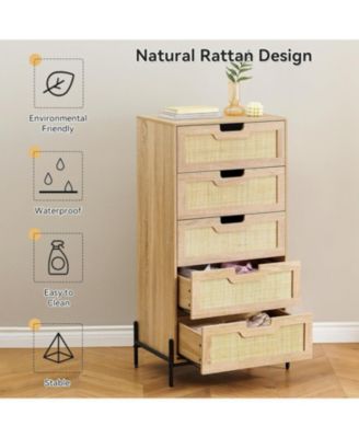 5-Drawer Rattan Dresser, Tall Wood Chest with Metal Legs, Mid-Century