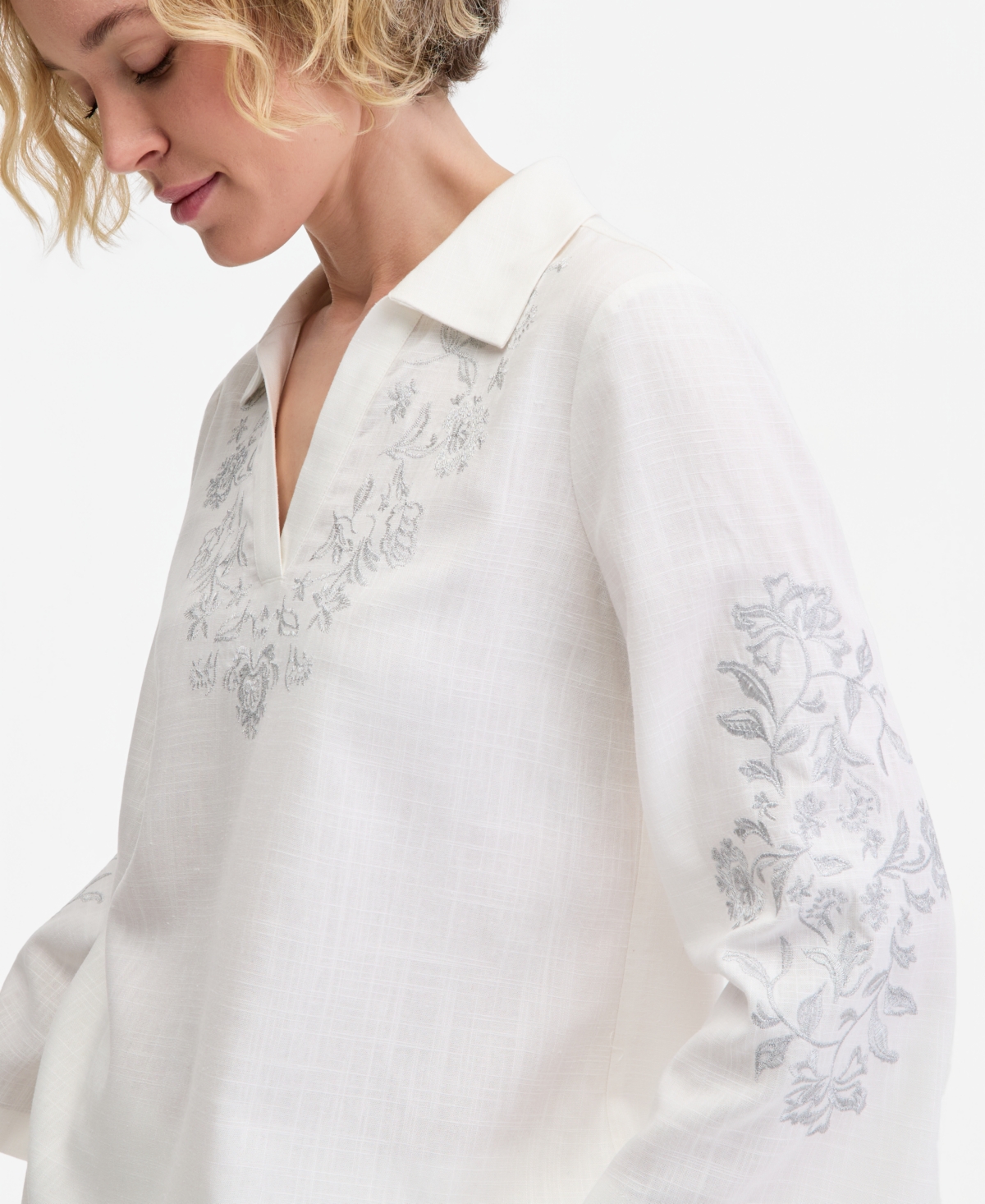 Jm Collection Women's Collared Embroidered Linen-Blend 3/4-Sleeve Top, Macy's Exclusive