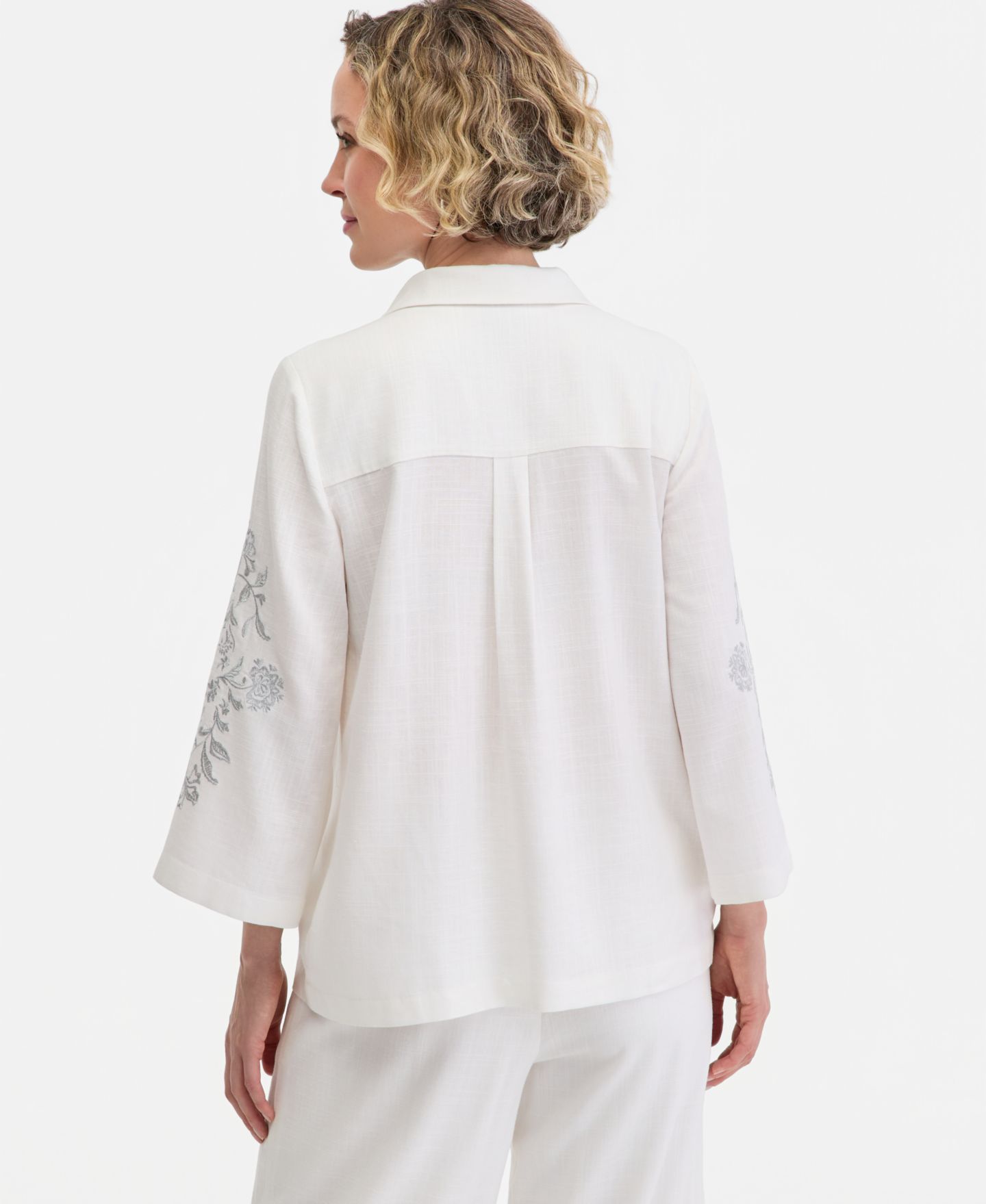 Женский топ JM Collection Collared Embroidered Linen-Blend 3/4-Sleeve Top, цвет: Яркий белый — фото 4