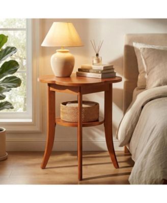Solid Wood End Table Set of 2, 2-Tier Sofa Side Table with Storage Shelf, Mid Century Modern Wooden Bedside Nightstand, Walnut