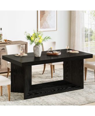 Dining Table for 4-6, Farmhouse Kitchen Table with Heavy Duty Pedestal, Rectangular Wooden Dinner Furniture, Black