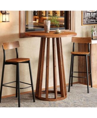 37.6 inch H Round Bar Table, Farmhouse Wooden Bistro Pub Table with Solid Wood Legs
