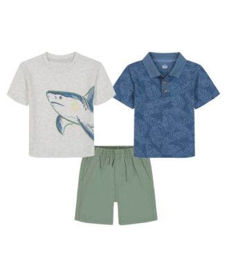 Boys' Toddler 2T-5T Printed Polo, Shark T-Shirt and Twill Shorts, 3-piece Set