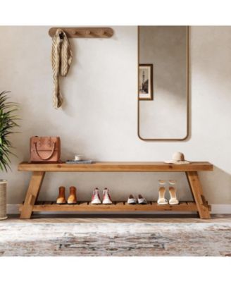 63" Solid Wood Bench, 2-Tier Shoe Rack, Farmhouse Entryway Bench with Storage Shelf, Kitchen Dining Bench