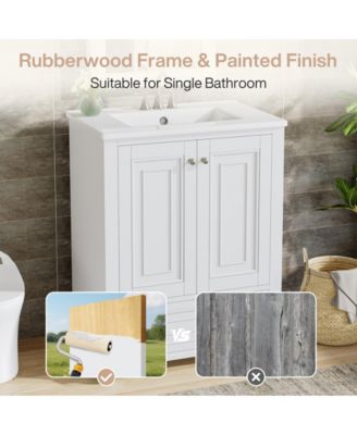 24" Modern Freestanding Solid Wood Bathroom Vanity with Ceramic Sink, Adjustable Shelf Storage, Soft-Close Cabinet & Drawer