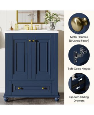 24" Modern Freestanding Solid Wood Bathroom Vanity with Ceramic Sink, Adjustable Shelf Storage, Soft-Close Cabinet & Drawer