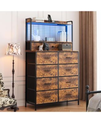 Rustic Dresser for Bedroom with Charging Station, App-Controlled RGB LED, Tall Dresser Storage Organizer with 11 Fabric Drawers