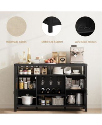 Rattan Buffet Cabinet with Storage Wine Bar Sideboard with Glass Holder Adjustable Shelves Coffee Bar