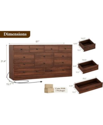 12 Drawer Dresser for Bedroom, 61 in Long Modern Dresser TV Stand with Charging Station, Large Wooden Chest Od Drawers for Nursery, Closet