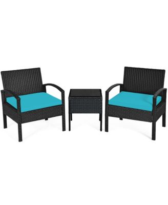 3PCS Patio Rattan Furniture Set Coffee Table and Chairs Set with Seat Cushions Garden