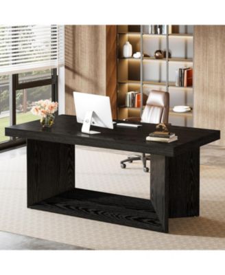 63-Inch Executive Desk, Large Office Computer Desk with Heavy Duty Pedestal, Farmhouse Simple Workstations Writing Table