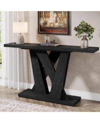 55-Inch Farmhouse Console Table, Entryway Table with Geometric Base, Narrow Sofa Table Rustic Wood Hallway Table