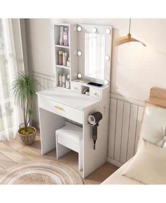 Space Saving Small LED Vanity Table with Basic Standard Mirror White and Cushioned Stool