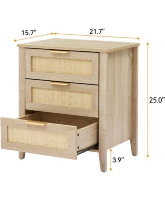 rattan nightstand with 3 drawers and a storage shelf, boho bedside table with sturdy wood legs, ideal for kids’ rooms or farmhouse bedrooms.