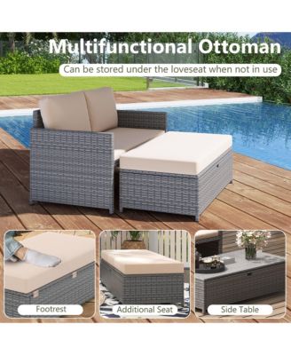 2 PCS Patio Loveseat w/ 31 Gal Multifunctional Storage Ottoman and Soft Cushions