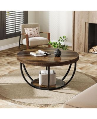 Round Coffee Table, Industrial 2-Tier Circle Coffee Table with Storage Shelves for Living Room, Home Office