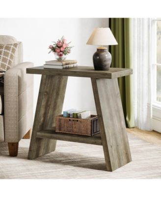 Solid Wood End Table for Living Room Set of 2, Narrow Small Side Table with 2-Tier Storage