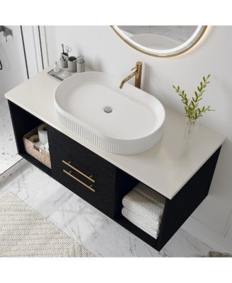 40" Wall-Mount Bathroom Vanity with Oval Ceramic Sink, Soft-Close Drawers & Open Shelf Storage for Contemporary Homes