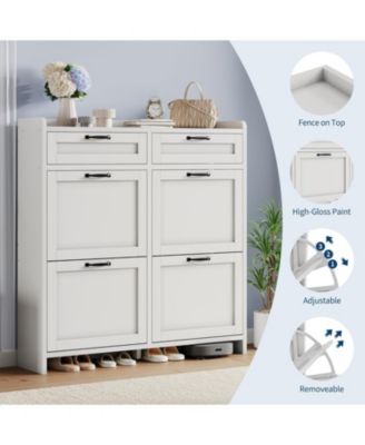 Shoe Cabinet with 4 Flip Drawers & 2 Top Drawers, Wooden Shoe Organizer Cabinet with Adjustable Shelf