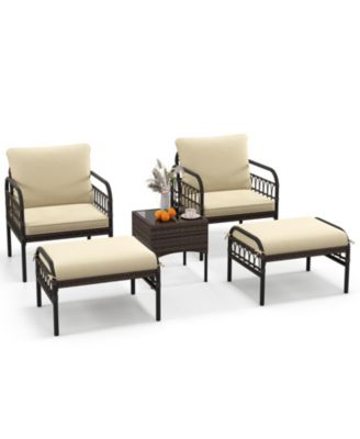5PCS Wicker Furniture Set PE Rattan Chair Set w/ Ottomans and Coffee Table Patio