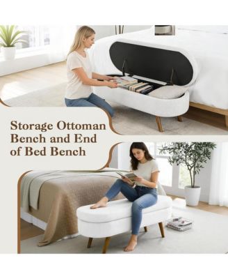 Oval Storage Ottoman Bench - Upholstered End of Bed Bench with Safety Hinge Flip Top and Solid Wood Legs for Bedroom