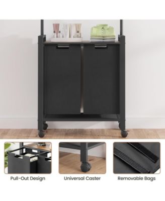 Rolling Laundry Sorter Hamper 2 Section Basket with Hanging Rack Plus Wheels Organizer for Laundry Room