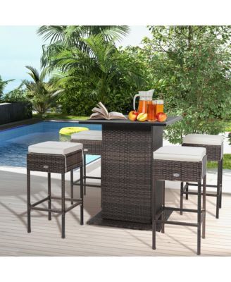 5PCS Patio Bar Set Rattan Bar Furniture Set w/ Table and 4 Cushioned Stools