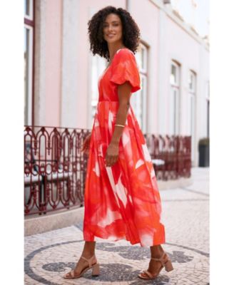 Women's Floral Midi Dress With Puff Sleeves