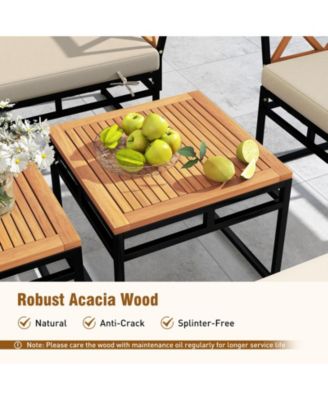 Set Of 7 Outdoor Conversation Set Acacia Wood Chairs and Coffee Tables Set w/Ottomans