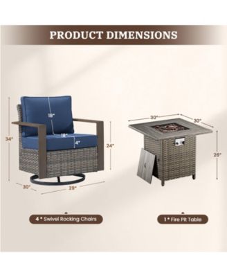 5 Pieces Patio Furniture Set, Rattan Wicker Outdoor, 4 Rattan Swivel Chairs w/30in Propane Fire Pit Table and Thickened Cushions