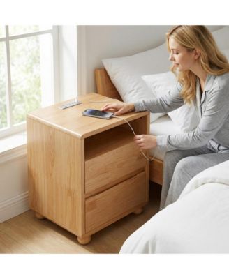 Solid Wood Nightstand - Curved Modern Bedside Table with Charger Station, 2 Drawers and Shelves for Bedroom, Living room