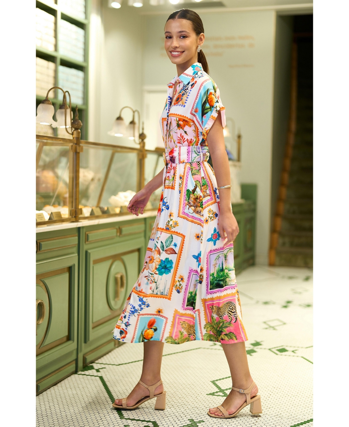 Yumi Women's Tropical Postcard Print Midi Shirt Dress