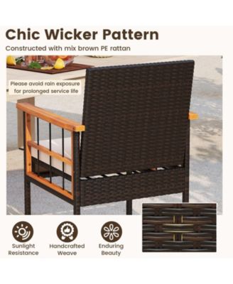 Set of 3 Wicker Furniture Set w/Acacia Wood Tabletop Armrests Cushions for Backyard