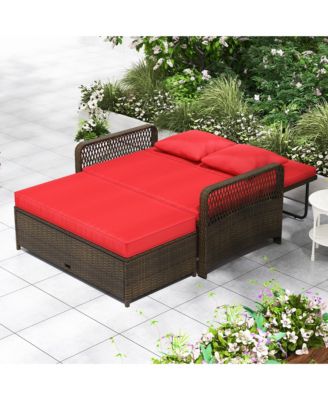 Patio Rattan Daybed Wicker Loveseat Sofa w/ Multifunctional Ottoman