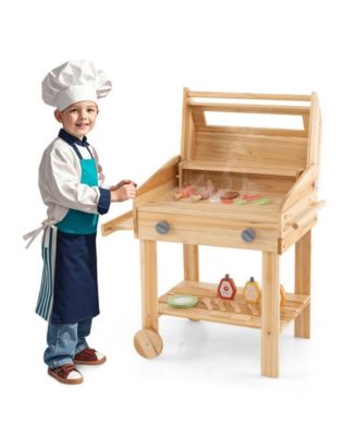 Kids Wooden Barbecue Grill Playset Pretend Kitchen with Food and Wheels