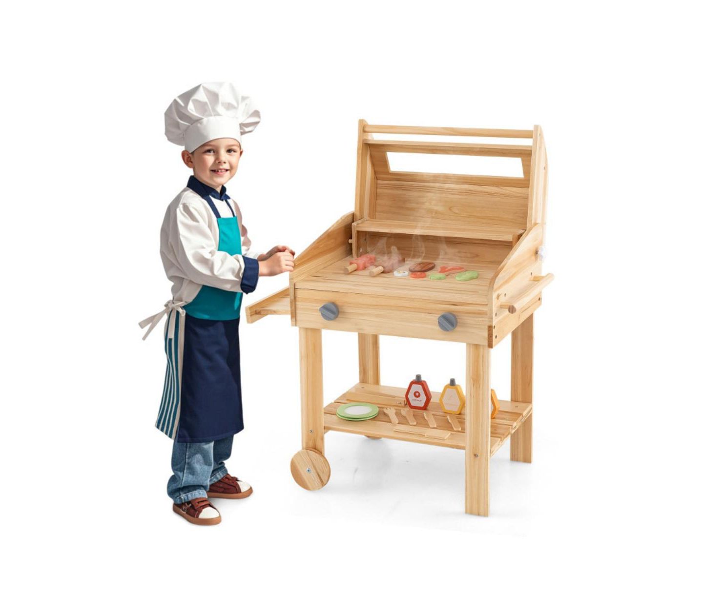 Детские игрушки HONGGE Wooden Barbecue Grill Playset with Wheels, 25-Piece Set, Ages 3+, цвет: Натуральный — фото 10