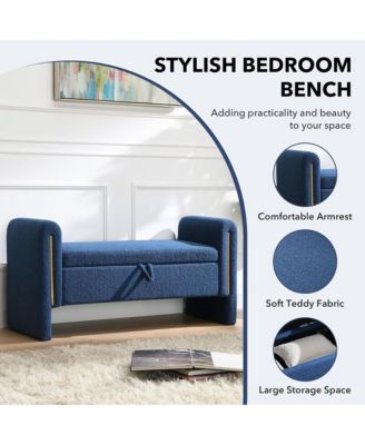 Upholstered Storage Ottoman, Modern Teddy End of Bed Bench, Window Storage Stool with Arms for Living Room, Bedroom