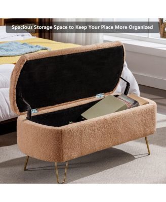 Modern Storage Ottoman Bench - Oval Faux Fur Entryway Bench, End of Bed Bench with Gold Legs for Living Room, Bedroom