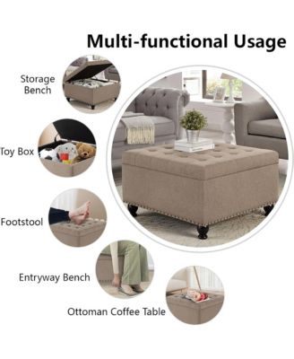 Square Storage Ottoman - Upholstered Button Tufted, wooden legs and Nail Trims for Living Room, Bedroom