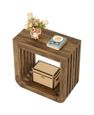 Side Table Set of 2, Farmhouse Narrow End Table with Slatted Open Frame, Wooden Rustic Accent Sofa Side Table