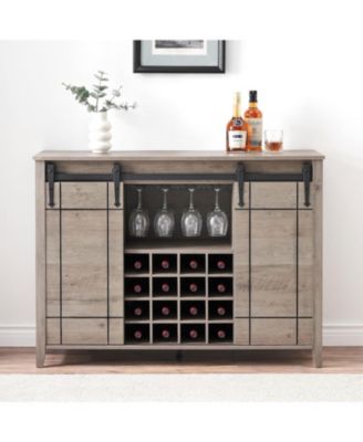 Farmhouse Bar Cabinet with Sliding Barn Doors, Rustic Liquor & Coffee Station with Wine Glass Racks & Adjustable Shelves