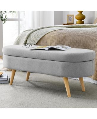 Oval Storage Ottoman Bench - Upholstered End of Bed Bench with Safety Hinge Flip Top and Solid Wood Legs for Bedroom