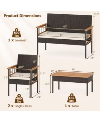 Set of 4 Wicker Furniture Set w/Acacia Wood Tabletop Armrests Cushions for Backyard