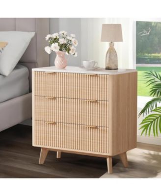 32" Width Fluted Nightstand Set of 2, Modern 3 Drawer Bedside Table with Faux Marble Top, Wood Chest of Bedside Table with Curved Profile