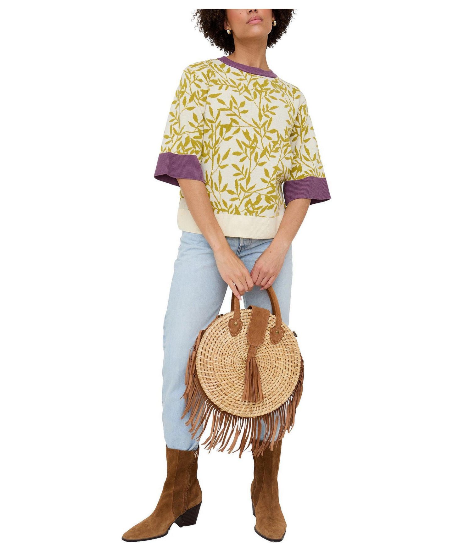 Женская футболка Raffya Daffodil Slouchy Leaf Print Knitted, цвет: Зелёный — фото 2